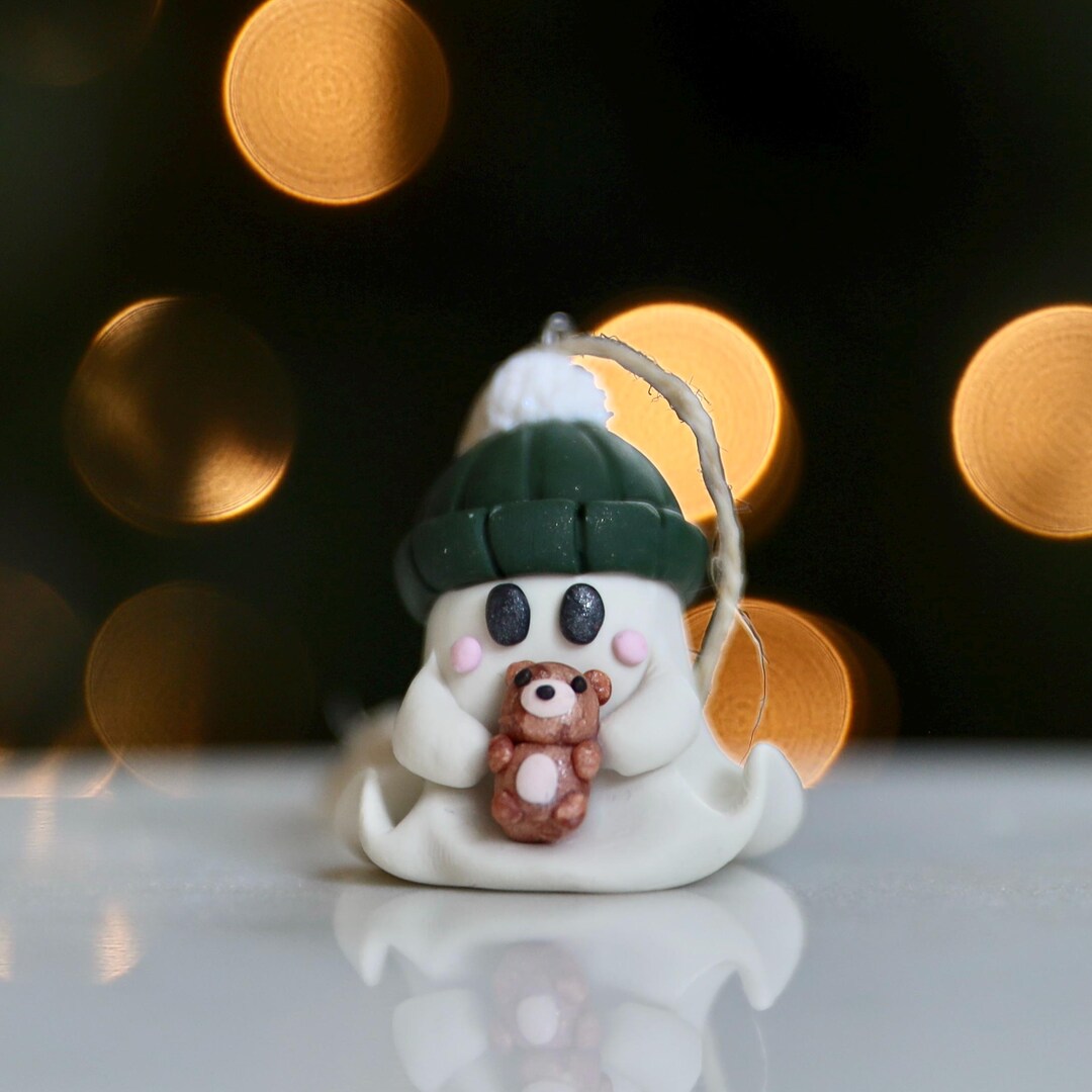 Handmade Polymer Clay Ghost Ornament | Tiny Teddy Bear & Green Beanie ...
