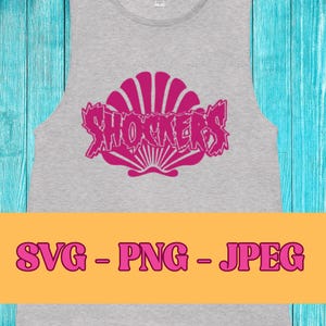 May include: A gray tank top with a pink graphic that says "SHOCKERS" in a stylized font, set against a shell-like design. Below the tank top is a yellow banner with the text "SVG - PNG - JPEG" in pink.