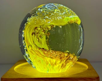 Hand blown Glass Wave w/lighted base (3” Yellow)