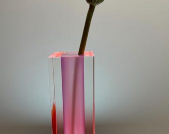 May include: A clear, rectangular vase with a pink interior holds a single gerbera daisy. The flower has pink and white petals and a green stem. The vase is made of a transparent material with a pink hue.