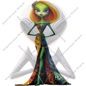 Naklejka z wycinanym pocałunkiem, autorstwa Mischievous Aliens, przedstawiająca modną kosmitkę w formalnej sukience, UFO, unikatowa naklejka na deskorolkę, pozaziemska, galaktyczna, dziwaczna sztuka