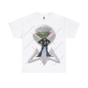 Alien in a Leather Jacket by Mischievous Aliens. Unisex Heavy Cotton Tee.