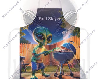 Personaliazed Apron, Alien Grilling in the Summertime - BBQ Apron, Funny Chef Apron, Summer Grilling Apron by Mischievous Aliens
