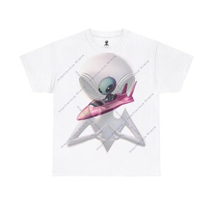 Alien in Pink UFO by Mischievous Aliens. Unisex Heavy Cotton Tee.