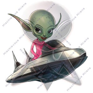 Female Alien Flying Spaceship Kiss-Cut Sticker by Mischievous Aliens UFO Unique Skateboard Sticker Extraterrestrial Galactic Quirky Decal