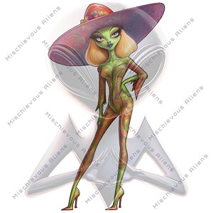 Naklejka z motywem modnego kosmity z dużym białym kapeluszem i wycinanym pocałunkiem autorstwa Mischievous Aliens: UFO, unikalna naklejka na deskorolkę, pozaziemska, galaktyczna, dziwaczna