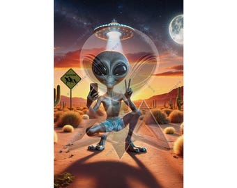 Alien Crossing Selfie Art Poster, Whimsical Wall Decor, Unique Gift for Space Lovers, Quirky Room Decoration by Mischievous Aliens