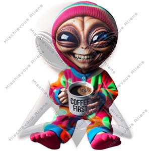 Naklejka z wycinanym napisem „Obcy w piżamie pijący kawę” autorstwa Mischievous Aliens, unikalna naklejka na deskorolkę UFO, pozaziemska, galaktyczna, dziwaczna naklejka