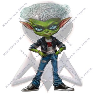 Naklejka „Obcy w skórzanej kurtce” w kolorze białym, wycinana pocałunkiem, autorstwa Mischievous Aliens, unikalna naklejka na deskorolkę, pozaziemska, galaktyczna i dziwaczna.