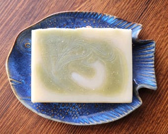 Blue Gold Puffer Fish Ceramic Soap Dish | Handmade Cold Process Soap Gift