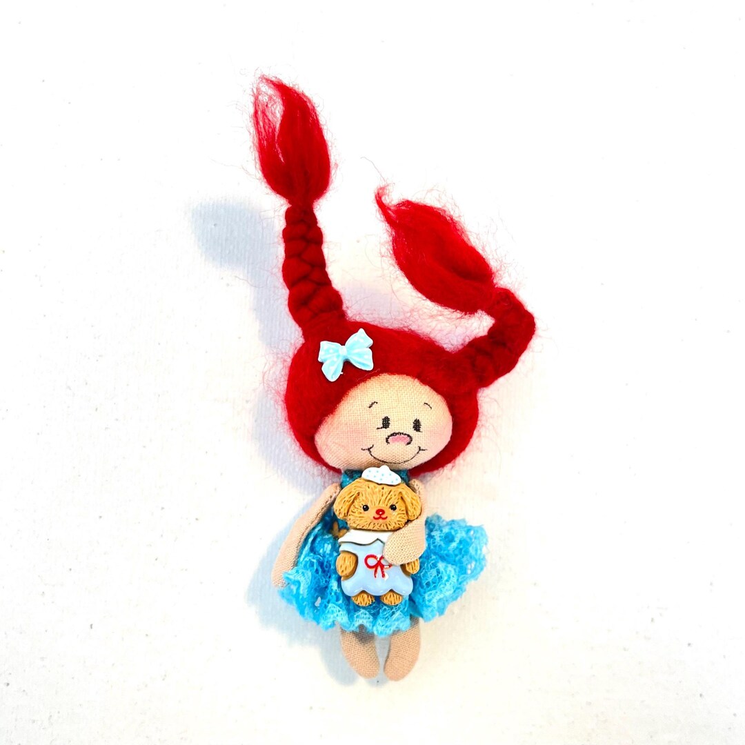 Handmade Doll Brooch: Red Hair Girl With Teddy Bear - Kawaii Fabric Pin ...