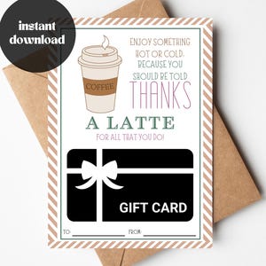 DESCARGA INSTANTÁNEA / Portatarjetas de regalo Thanks a Latte / Tarjeta de agradecimiento para maestros / Tarjeta de regalo de café / Tarjeta de agradecimiento para empleados / Donas de café