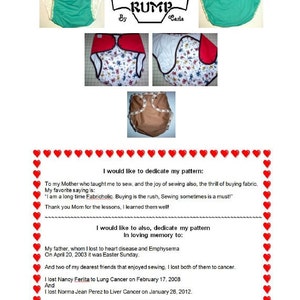 May include: A page from a sewing pattern booklet with a dedication to the author's mother and friends who have passed away. The pattern is for a "Cover Your Rump" diaper. The page is decorated with a red heart border.