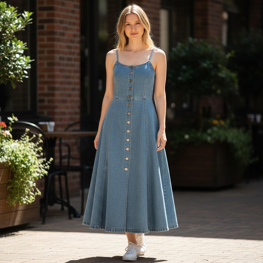 denim midi dress for women Women's Drop Waist Blue Denim Midi Dress Satin Wash / 2