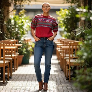 May include: A person wearing a red short-sleeve sweater with a patterned design, paired with blue jeans and brown boots. The setting is an outdoor cafe with wooden tables and chairs.