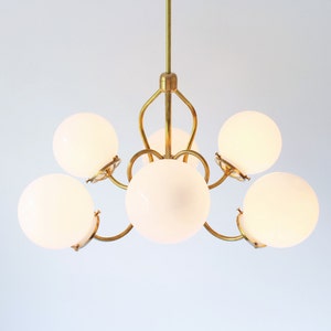 Brass Chandelier Lighting Fixture, Brass Pendant Lamp, 6 White Glass Globes on Fluted Arms, BootsNGus Modern Lighting and Home Decor