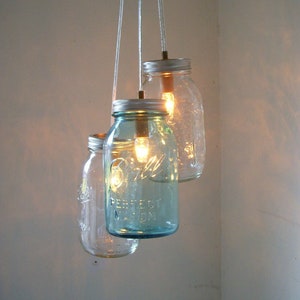 Mason Jar Chandelier, Mason Jar Pendant Lighting Fixture, 3 Clear and Blue Jars, Rustic Hanging Mason Jar Lighting Pendants, Bulbs Included image 1