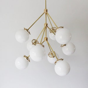 Sputnik Globe Chandelier, Brass Finish, 9 White Frosted Opal Glass Globes, Large Modern Geometric Statement Ceiling Mount Lighting Fixture