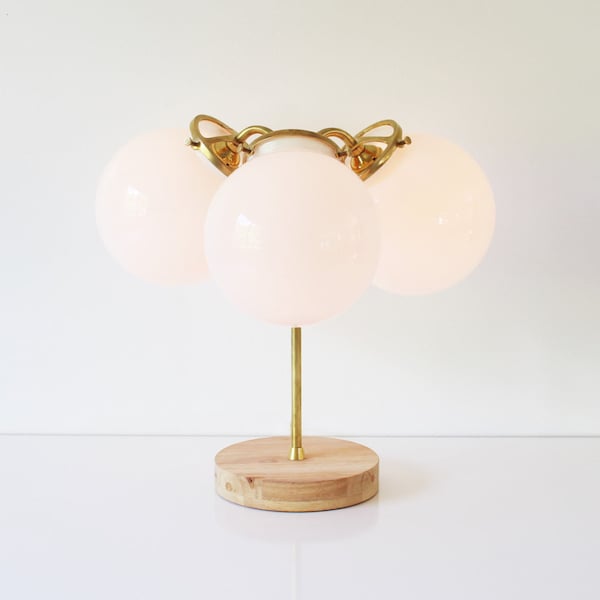 Modern Brass Table Lamp, Industrial Home Decor, 3 White Frosted Opal Glass Globe Shades, Wooden Base In Custom Colors, BootsNGus Lighting