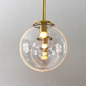 Large Bubble Pendant Light, 10 Clear Glass Globe Shade, Brass Finish, Single Mid Century Modern Hanging Pendant Lamp Lighting Fixture image 3