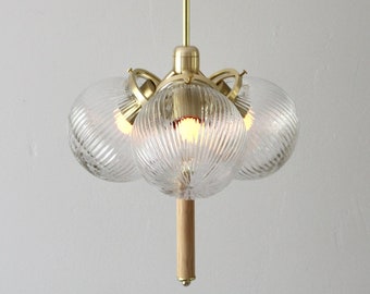 Globe Pendant Chandelier with Wooden Dowel Drop - 3 Clear Ribbed Glass Globes - Brass Mid Century Modern Ceiling Mount Lighting Fixture