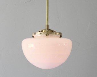 Schoolhouse Pendant Lamp, Mid Century Modern Ceiling Mount Lighting Fixture, White Mushroom Handblown Glass Globe Shade, Brass or Black