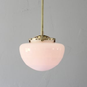 Schoolhouse Pendant Lamp, Mid Century Modern Ceiling Mount Lighting Fixture, White Mushroom Handblown Glass Globe Shade, Brass or Black
