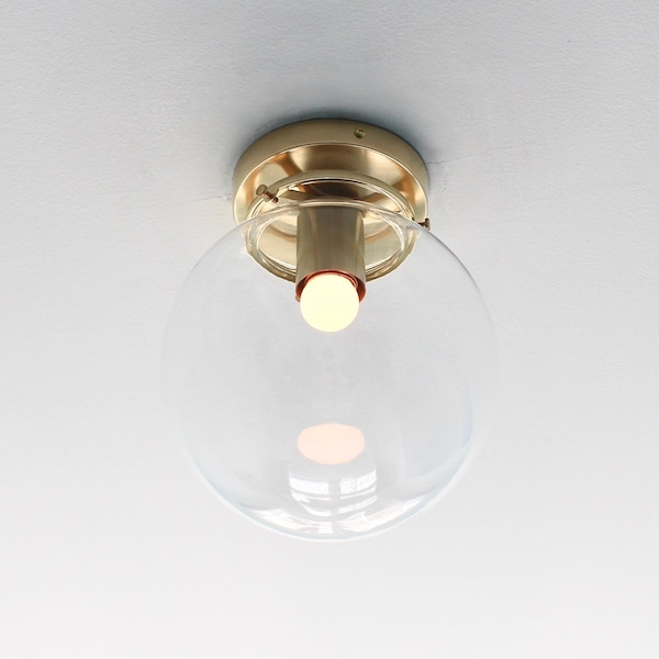 Bubble Flush Mount Ceiling Lighting Fixture, Brass Flush Mount Lamp, Clear 8" Glass Globe Shade, Mid Century Modern Home Lighting and Decor