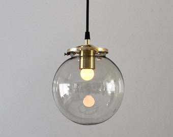 Smoked Glass Globe Pendant Light, Modern Hanging Lamp, Black Pendant Cord, Brass Black or Polished Nickel, 8 Inch " Smoky Shade