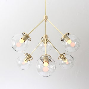 Sputnik Chandelier, Brass Pendant Lighting Fixture, 6 Clear Glass Bubble Globes, 6 Arms Mid Century Modern Kitchen Dining Room Chandelier