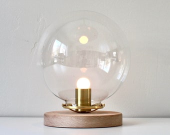 Bubble Lamp, Table Lamp with Large 10" Clear Glass Globe Shade, Wooden Base, Brass Shade Holder, Mid Century Modern Desk Lighting Fixture