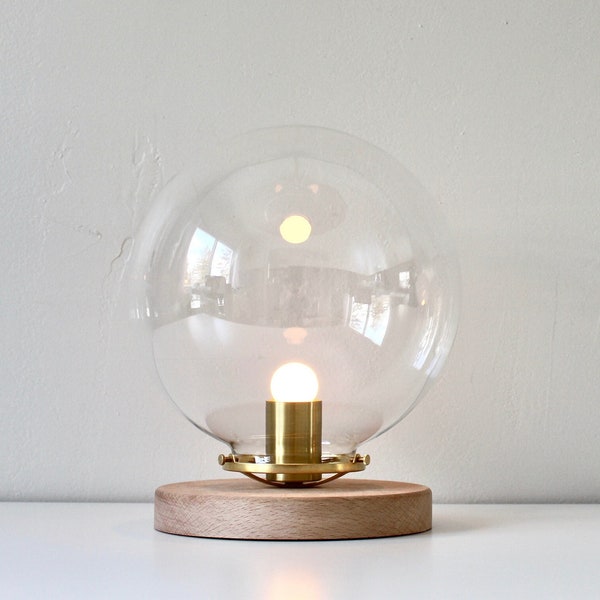 Bubble Lamp, Table Lamp with Large 10" Clear Glass Globe Shade, Wooden Base, Brass Shade Holder, Mid Century Modern Desk Lighting Fixture