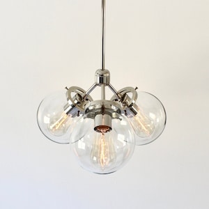 Modern Pendant Light, 3 Clear Glass Bubble Globe Shades, Industrial Hanging Ceiling Mount Lighting Fixture, Polished Nickel or Matte Black