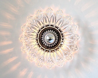 Flush Mount Wall Sconce Lighting Fixture, Wall Mounted Lamp, Repurposed Vintage Federal Glass Clear Flower Petal Plate Shade, Unique Gift