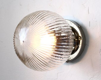 Wall Sconce Lamp, Modern Polished Nickel Flush Mount Sconce Lighting Fixture, Ribbed 6" Clear Glass Bubble Globe Shade, Wire In or Plug In