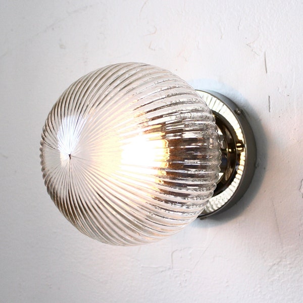 Wall Sconce Lamp, Modern Polished Nickel Flush Mount Sconce Lighting Fixture, Ribbed 6" Clear Glass Bubble Globe Shade, Wire In or Plug In