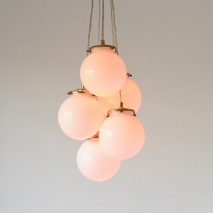 Bubble Chandelier, 5 Clustered White Glass Globe Pendants, Ceiling Mount Fixture, 6&quot; Shades, Brass, Black or Nickel, Modern Lighting & Decor