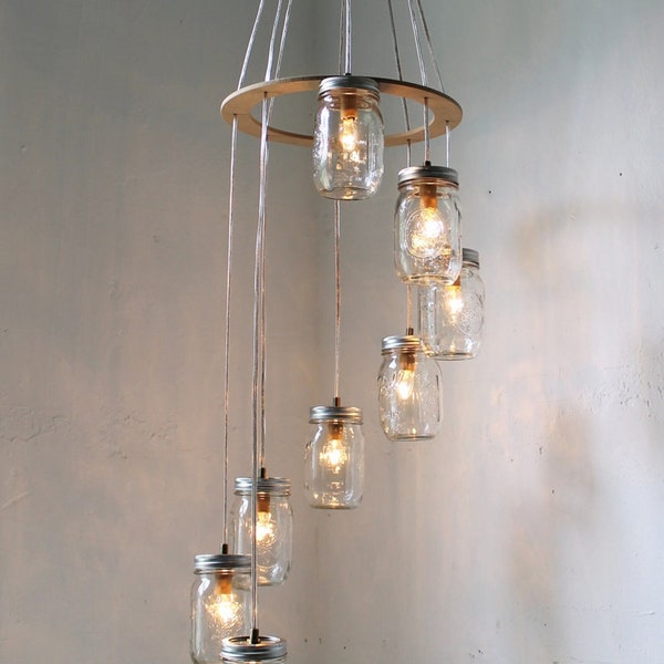 Custom Order for Jane, Spiral Mason Jar Chandelier, Rustic Hanging Pendant Lighting Fixture, 8 Clear Quart Jars, Modern BootsNGus Lighting