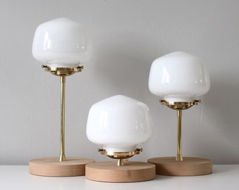Schoolhouse Brass Table Lamp, White Glass Globe Shade, Wooden Base, Mid Century Modern Design, Home Lighting and Decor, 7" 11" or 14" Tall