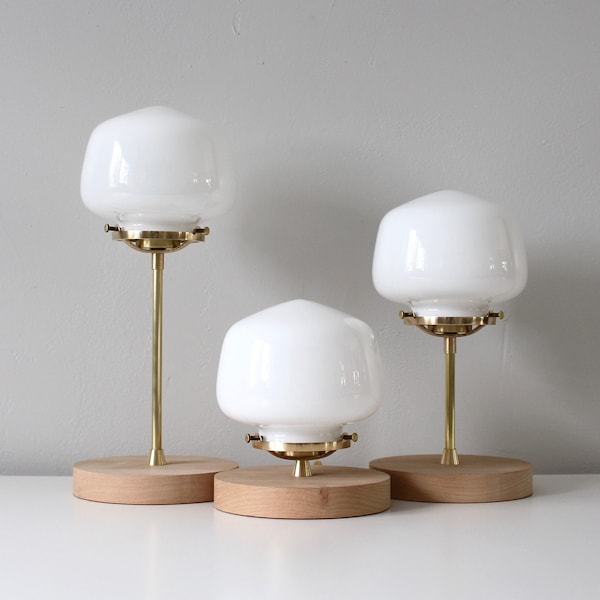 Schoolhouse Brass Table Lamp, White Glass Globe Shade, Wooden Base, Mid Century Modern Design, Home Lighting and Decor, 7" 11" or 14" Tall