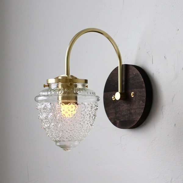 Wall Sconce Lamp, Curved Arm Mid Century Modern Brass and Wood Wall Mounted Lighting Fixture, Textured Acorn Glass Globe, Wire In or Plug In