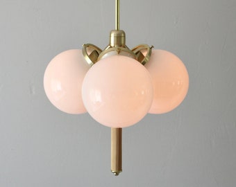 Globe Pendant Chandelier with Wooden Drop - 3 White Glass Globes - Brass Mid Century Modern Ceiling Mount Lighting Fixture