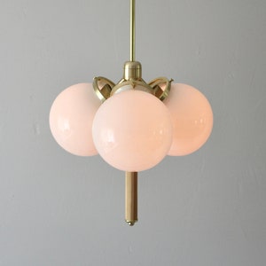 Globe Pendant Chandelier with Wooden Drop - 3 White Glass Globes - Brass Mid Century Modern Ceiling Mount Lighting Fixture