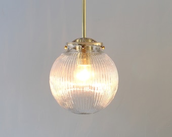 Pendant Light, Single Hanging Lighting Fixture, Brass Finish, 6" Clear Ribbed Glass Globe Shade, Mid Century Modern Lighting & Home Decor