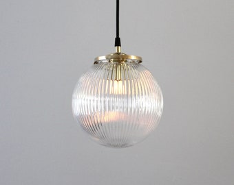 Ribbed Glass Globe Pendant Light, Modern Ceiling Mounted Hanging Pendant Lamp Lighting Fixture With 8 Inch Reeded Clear Round Orb Shade