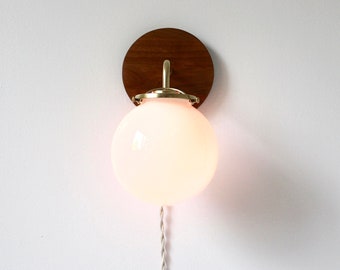 Wall Sconce Lamp, Brass and Wood Modern Wall Mounted Lighting Fixture, Frosted White Glass Globe Shade, Wire-In Or Plug-In