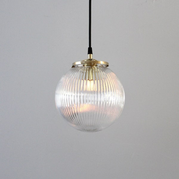 Ribbed Glass Globe Pendant Light, Modern Ceiling Mounted Hanging Pendant Lamp Lighting Fixture With 8 Inch Reeded Clear Round Orb Shade