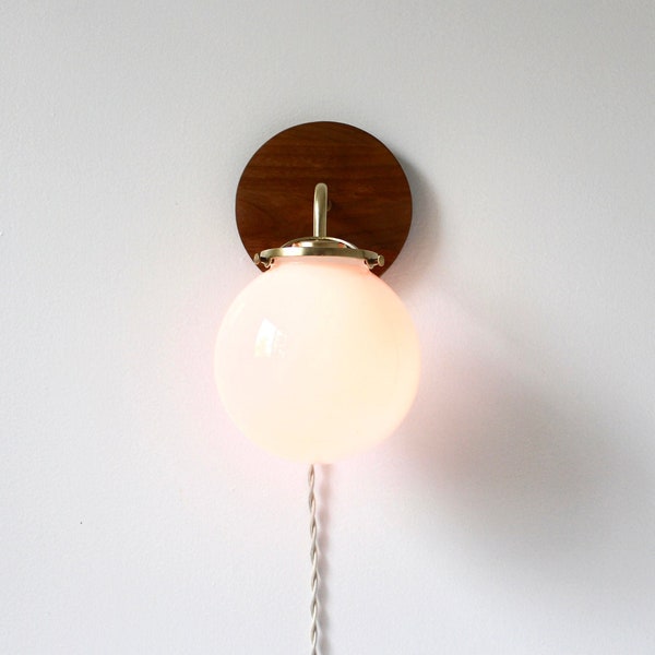 Wall Sconce Lamp, Brass and Wood Modern Wall Mounted Lighting Fixture, Frosted White Glass Globe Shade, Wire-In Or Plug-In