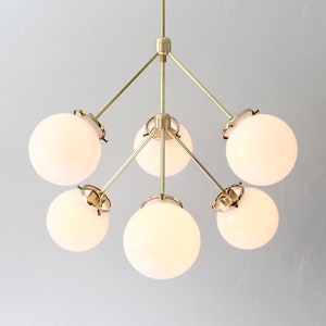 Modern Globe Chandelier - Sputnik Brass Pendant Lighting Fixture - Six Frosted White Glass Globes - Kitchen Island Dining Table Chandelier