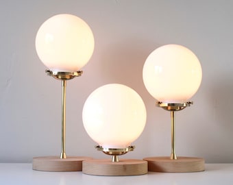 Brass Table Lamp, Frosted White Glass Bubble Globe Shade, Wooden Base, Mid Century Modern Design, Home Lighting and Decor, 8 Inches Tall